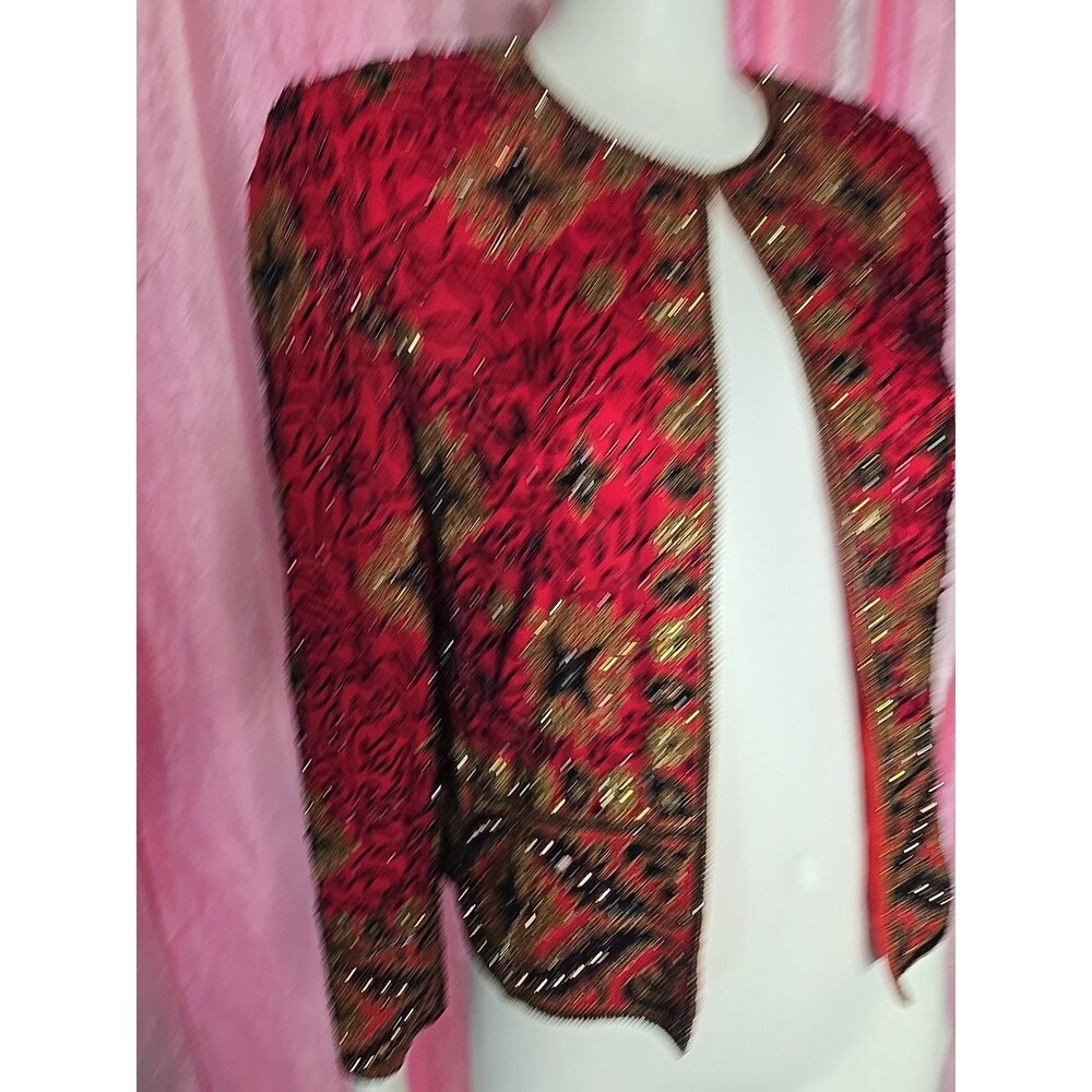 Vintage Adrianna Papell Red Silk Exquisite Beaded Evening Jacket Size 8 - Picture 3 of 16